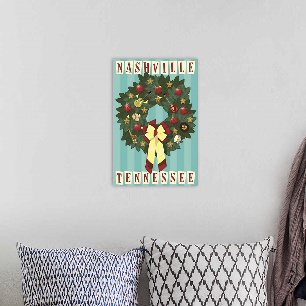 A bohemian room featuring Nashville, Tennessee - Christmas Wreath: Retro Travel Poster