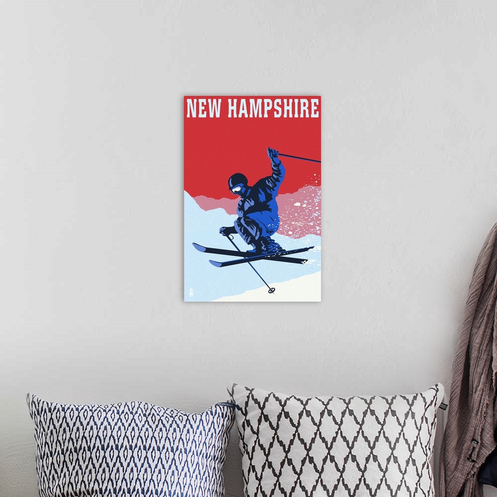 A bohemian room featuring New Hampshire - Colorblocked Skier: Retro Travel Poster