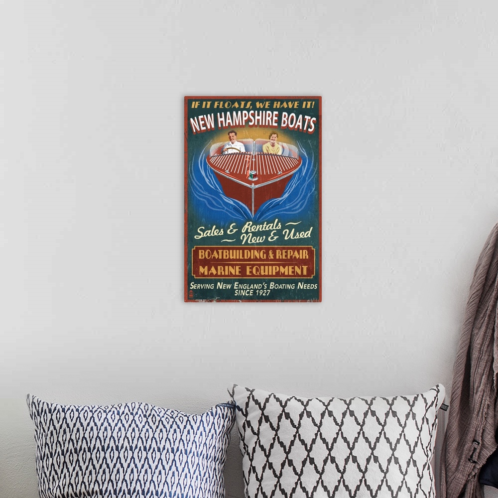 A bohemian room featuring Retro stylized art poster of  a happy couple driving a wooden speed boat.