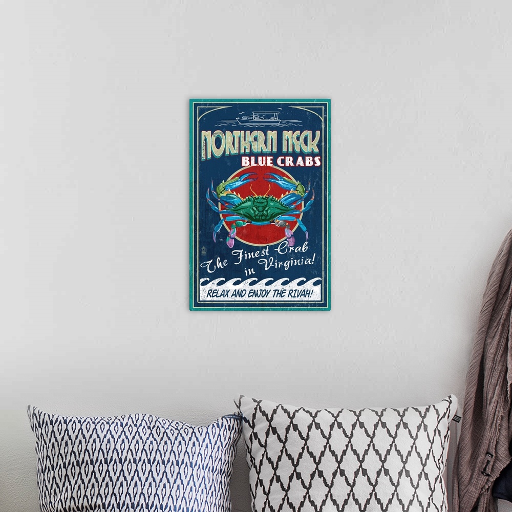 A bohemian room featuring Northern Neck, Virginia, Blue Crab Vintage Sign