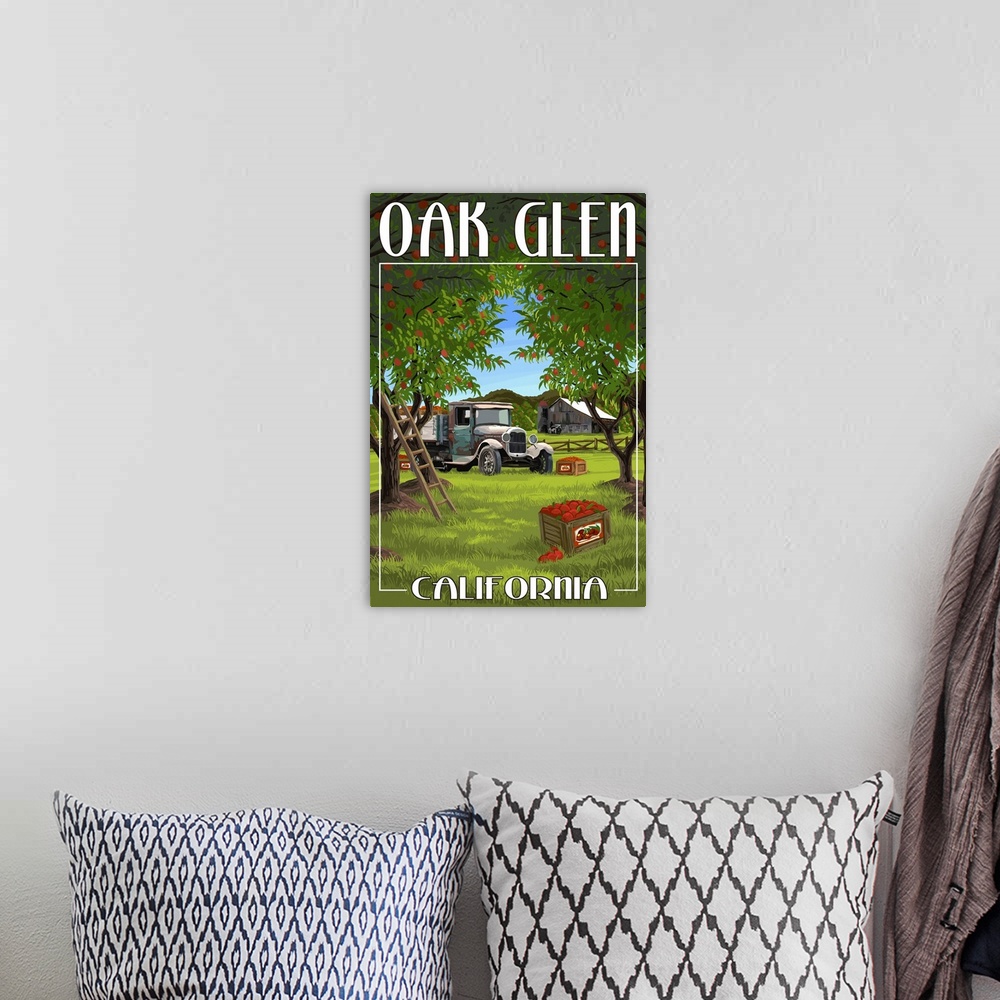 A bohemian room featuring Oak Glen, California - Apple Orchard Harvest: Retro Travel Poster