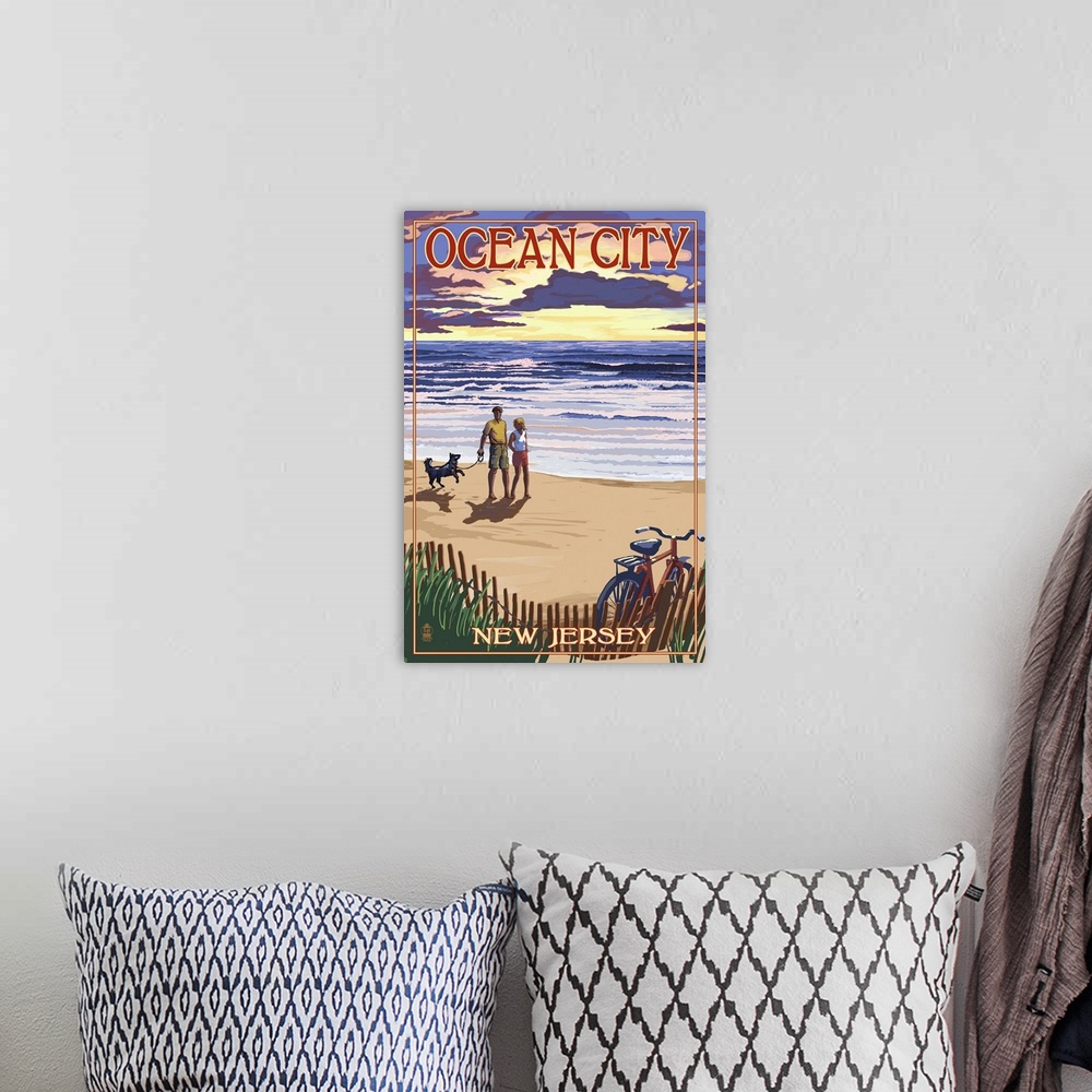 A bohemian room featuring Ocean City, New Jersey - Beach and Sunset: Retro Travel Poster