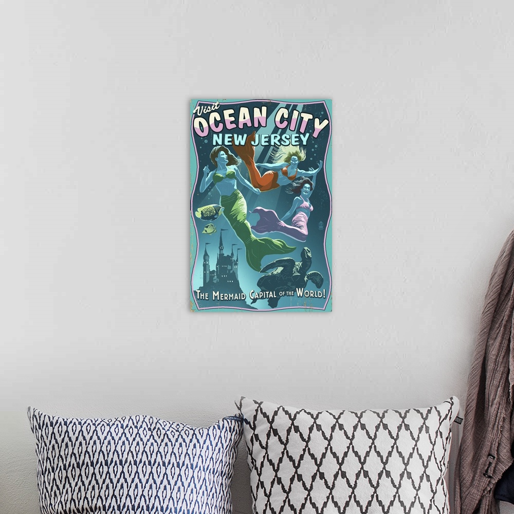A bohemian room featuring Ocean City, New Jersey - Mermaids Vintage Sign: Retro Travel Poster
