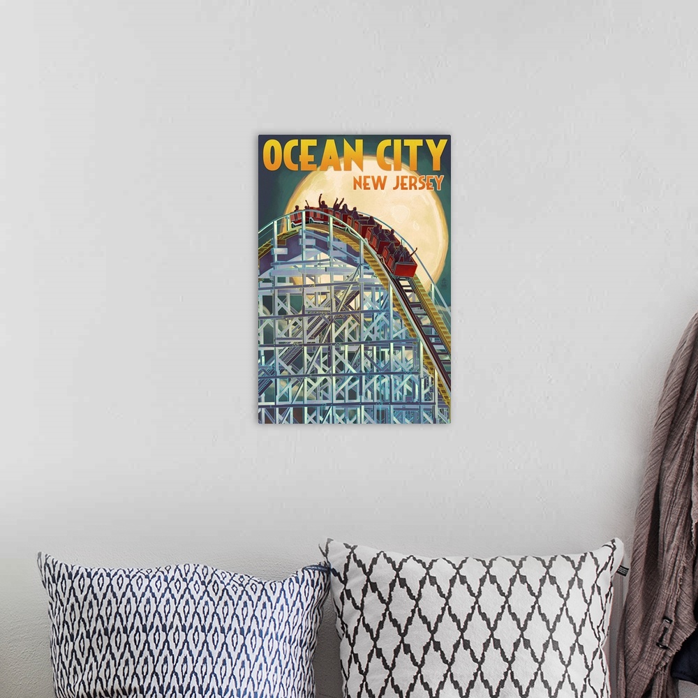 A bohemian room featuring Ocean City, New Jersey - Roller Coaster and Moon: Retro Travel Poster