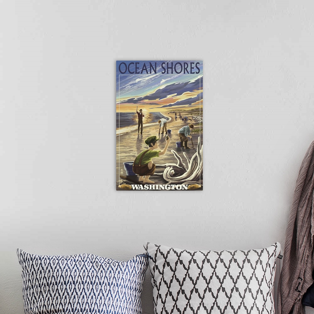 A bohemian room featuring Ocean Shores, Washington - Clam Diggers: Retro Travel Poster