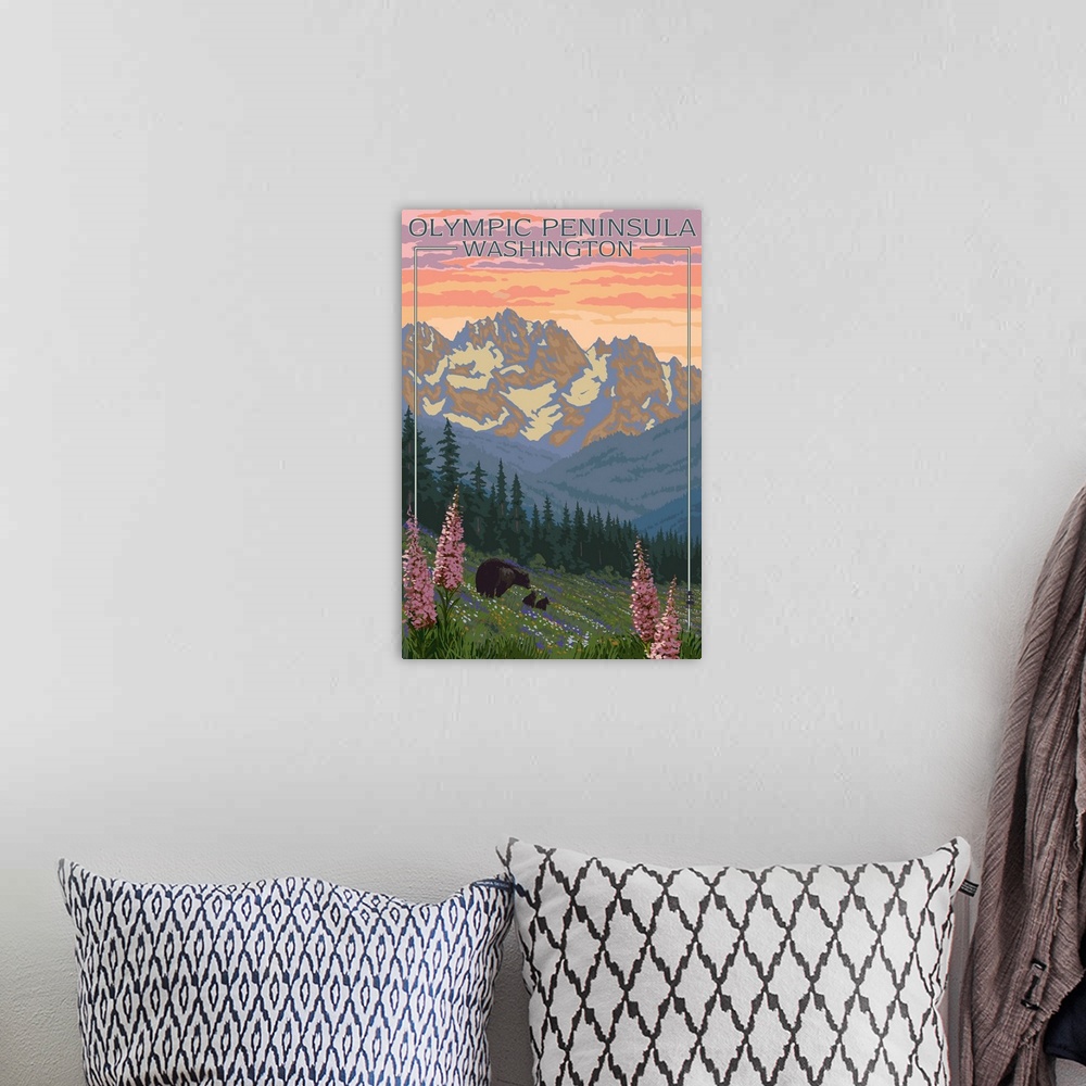 A bohemian room featuring Olympic Peninsula, Washington - Bears and Spring Flowers: Retro Travel Poster