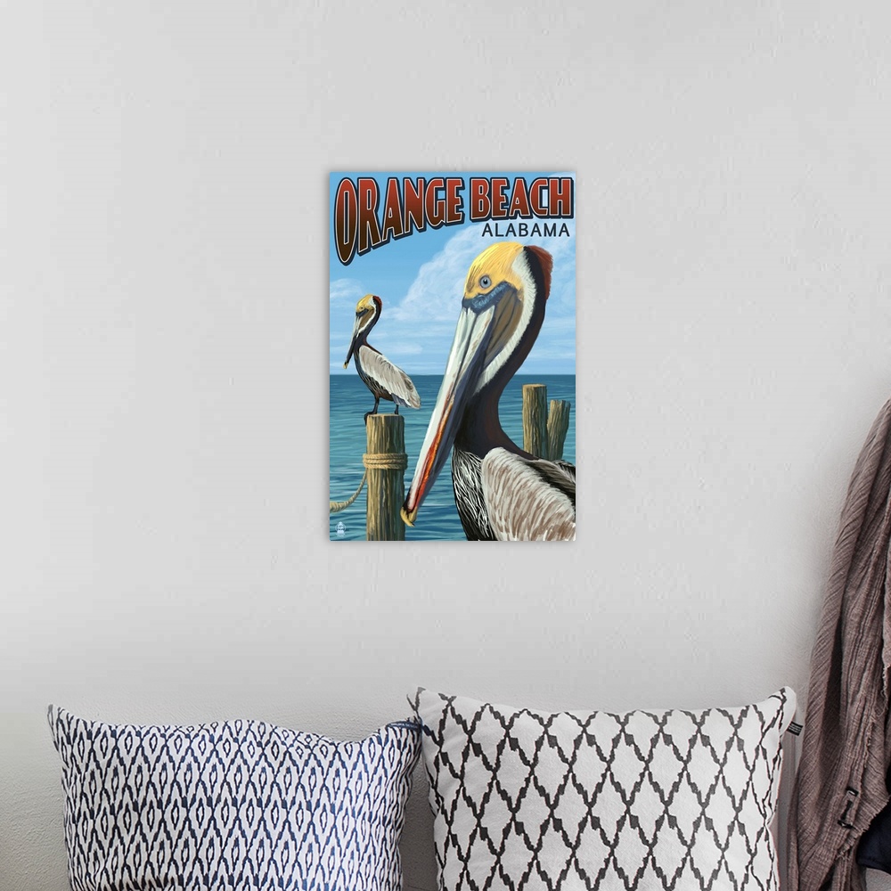 A bohemian room featuring Orange Beach, Alabama - Brown Pelican: Retro Travel Poster