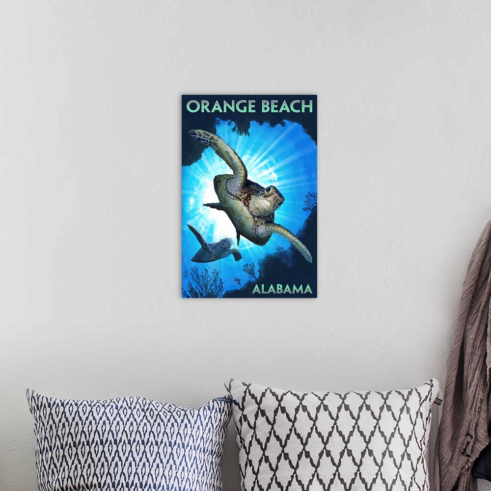 A bohemian room featuring Orange Beach, Alabama - Sea Turtles Diving: Retro Travel Poster