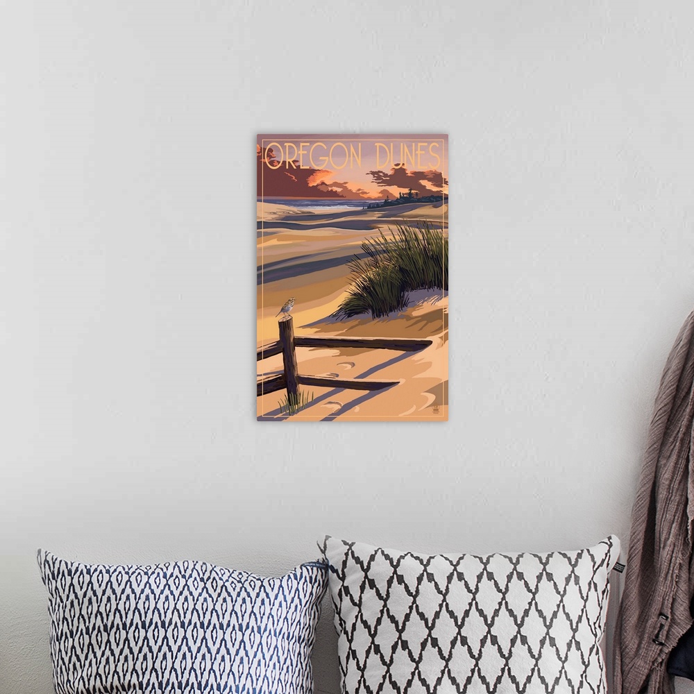 A bohemian room featuring Oregon Dunes on the Oregon Coast: Retro Travel Poster