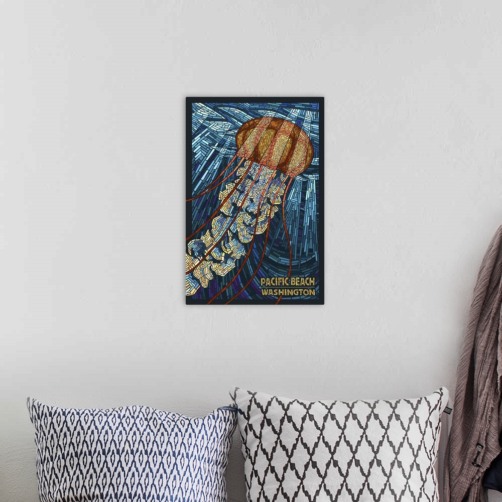 A bohemian room featuring Pacific Beach, Washington - Jellyfish Mosaic: Retro Travel Poster
