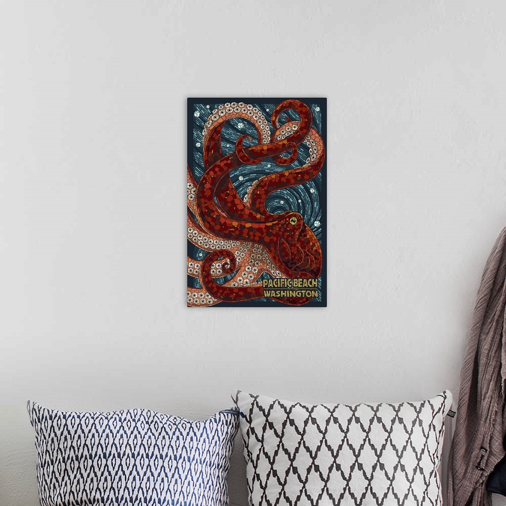A bohemian room featuring Pacific Beach, Washington - Octopus Mosaic: Retro Travel Poster