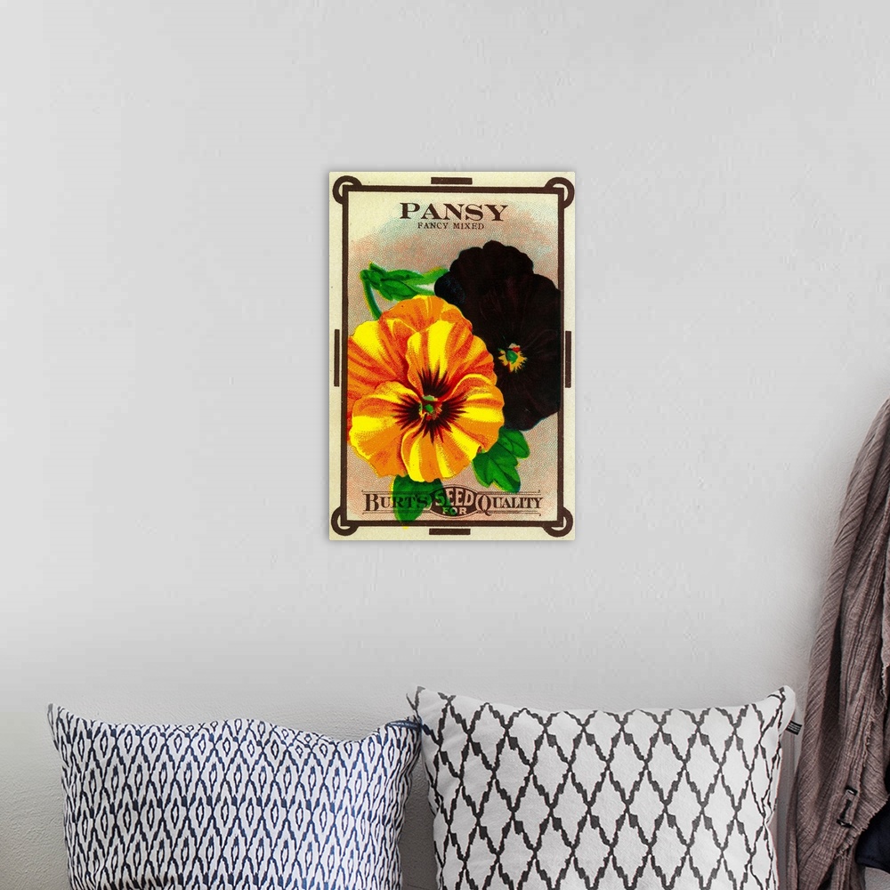A bohemian room featuring A vintage label from a seed packet for pansies.