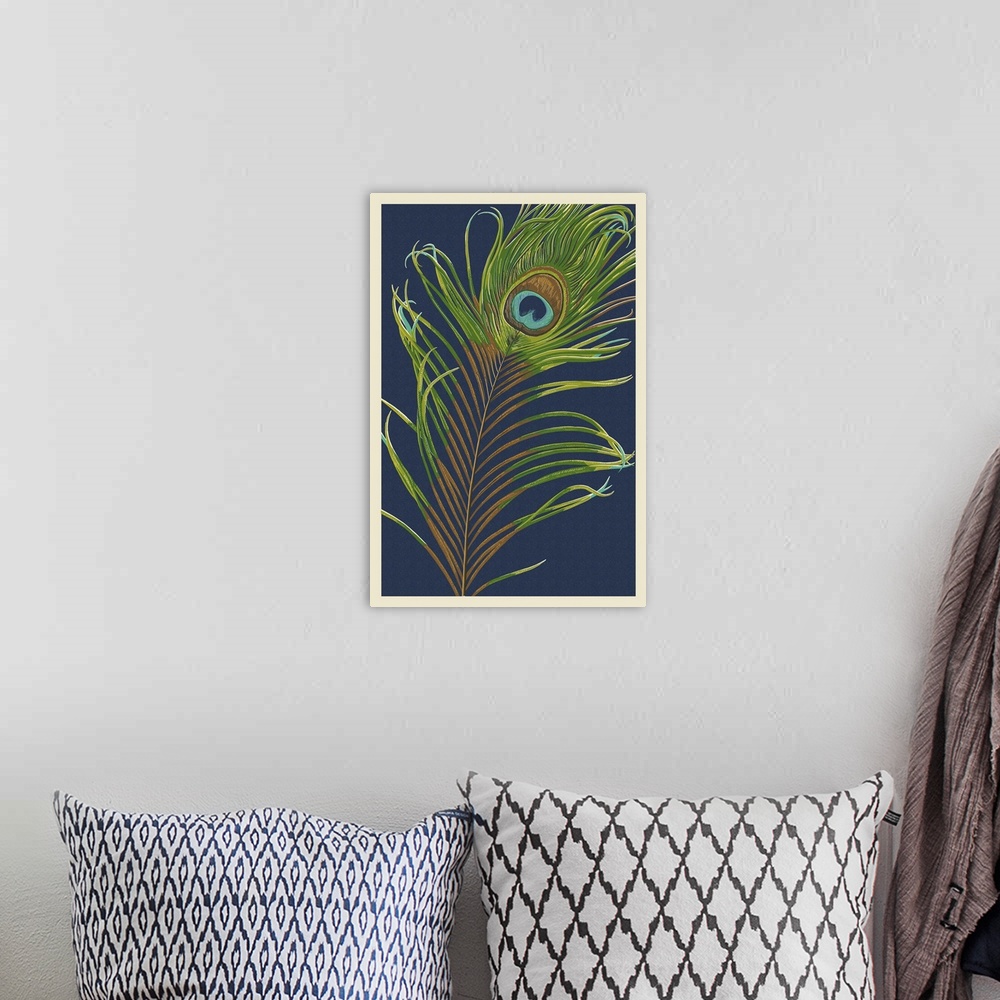 A bohemian room featuring Peacock Feather - Letterpress: Retro Art Poster
