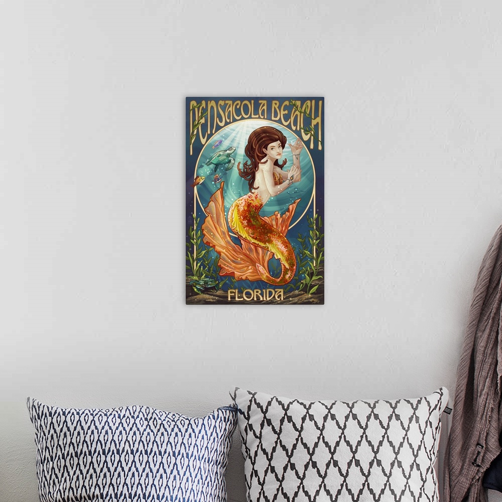 A bohemian room featuring Pensacola Beach, Florida - Mermaid: Retro Travel Poster