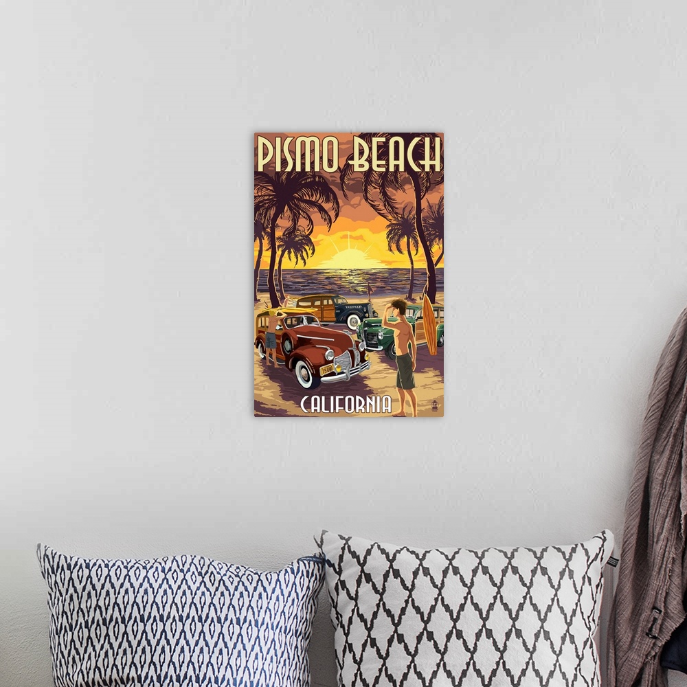 A bohemian room featuring Retro stylized art poster of surfers on a beach with their vintage cars and surfboards, at sunset.