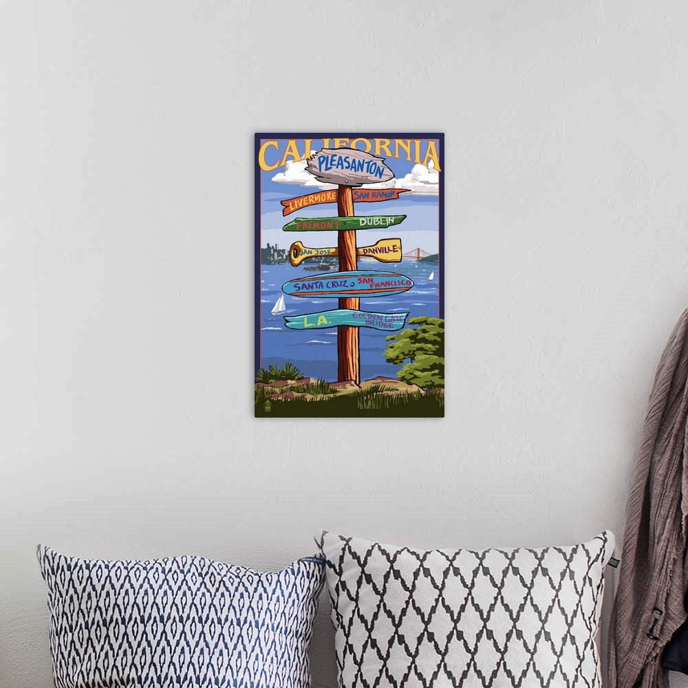 A bohemian room featuring Pleasanton, California - Destination Sign: Retro Travel Poster