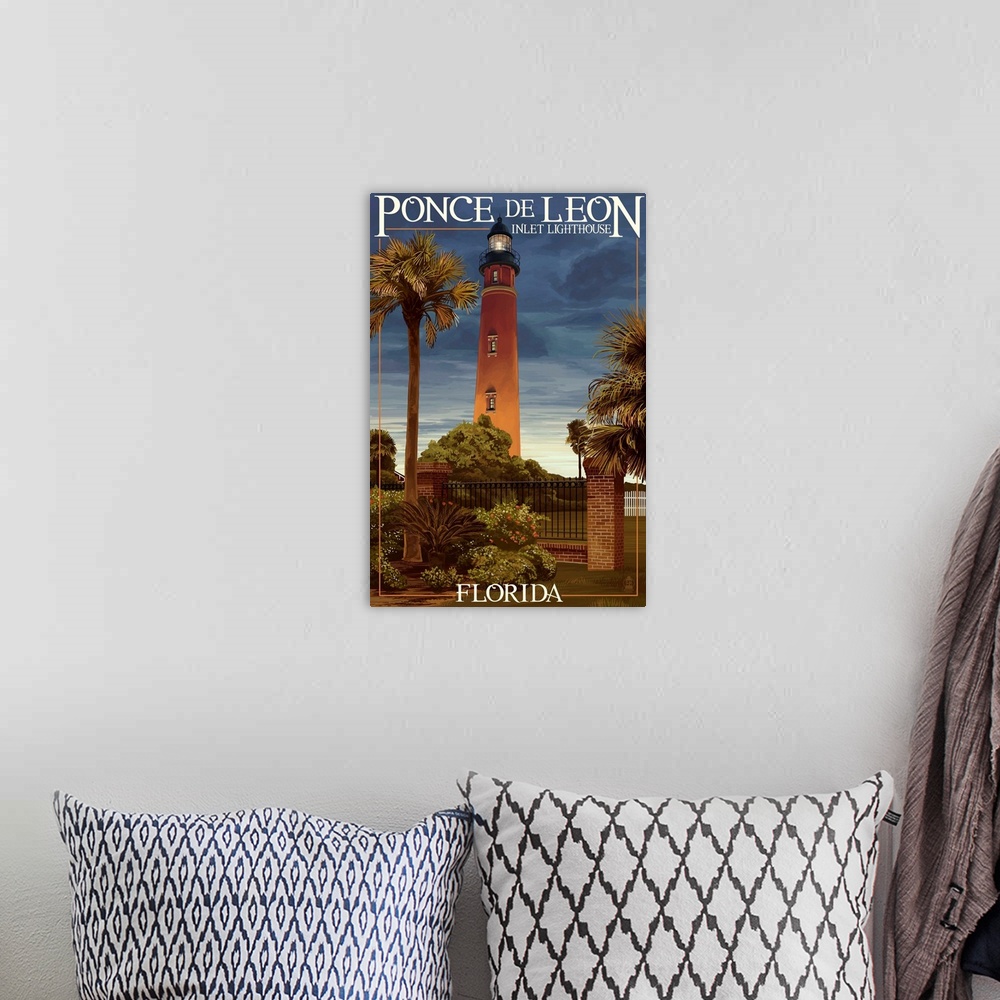 A bohemian room featuring Ponce De Leon Inlet Lighthouse, Florida - Dusk Scene: Retro Travel Poster