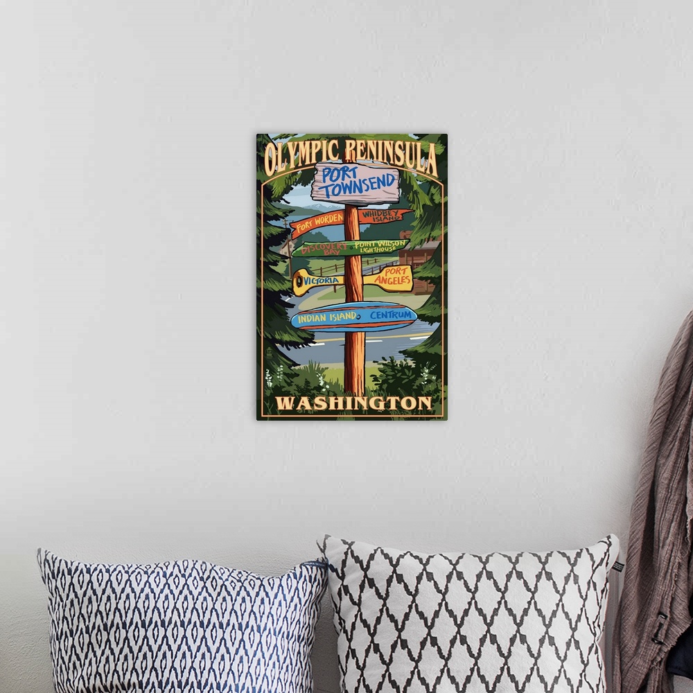 A bohemian room featuring Port Townsend, Washington - Port Townsend Destinations Sign: Retro Travel Poster