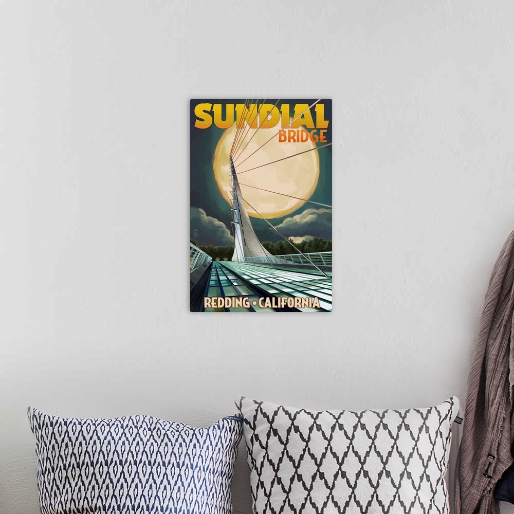 A bohemian room featuring Redding, California - Sundial Bridge and Moon: Retro Travel Poster