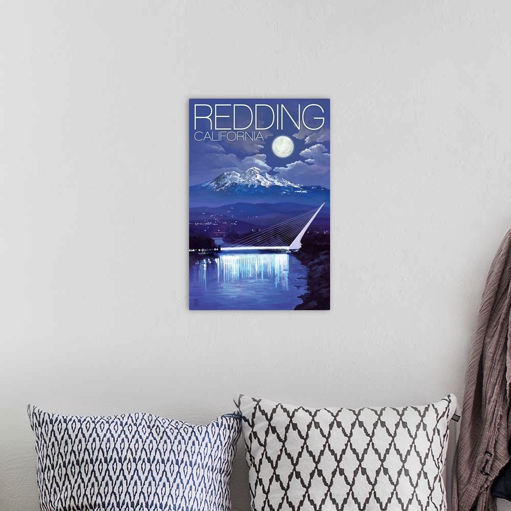 A bohemian room featuring Redding, California - Sundial Bridge at Night: Retro Travel Poster
