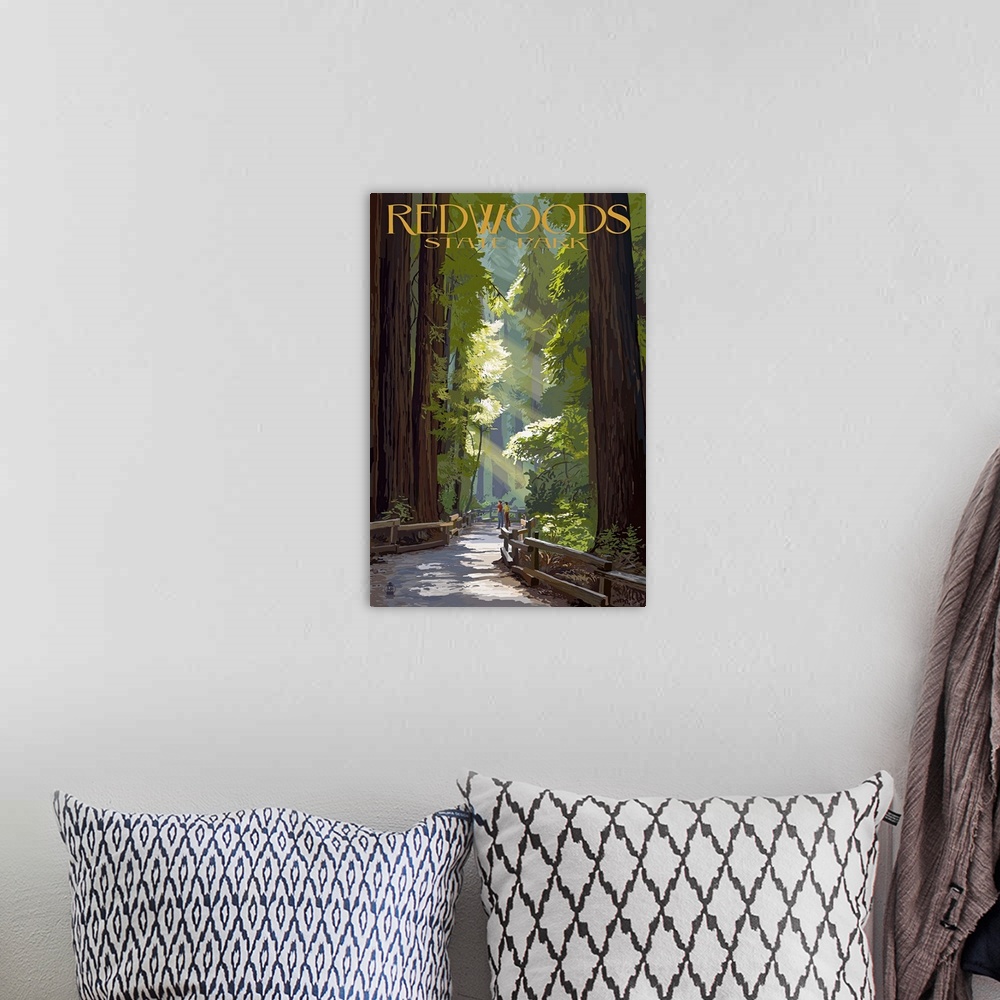 A bohemian room featuring Retro stylized art poster of a pathway through giant redwood trees.