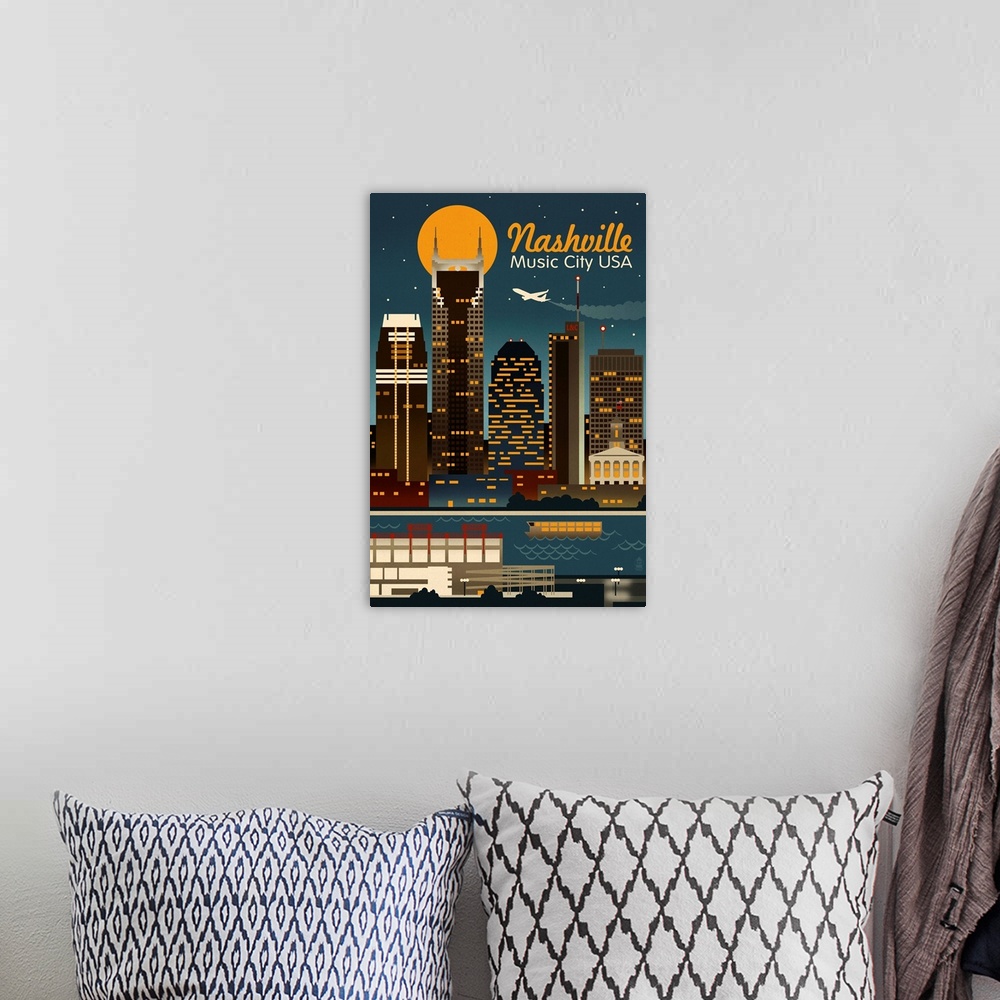 A bohemian room featuring Retro Skyline - Nashville, Tennessee: Retro Travel Poster