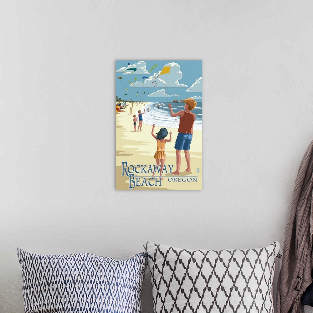 A bohemian room featuring Rockaway Beach, Oregon - Kite Flyers: Retro Travel Poster