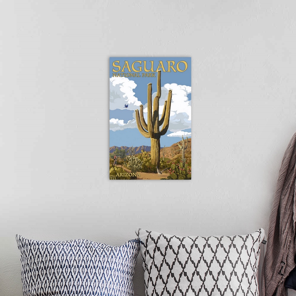 A bohemian room featuring Saguaro National Park, Arizona - Roadrunner and Trail: Retro Travel Poster