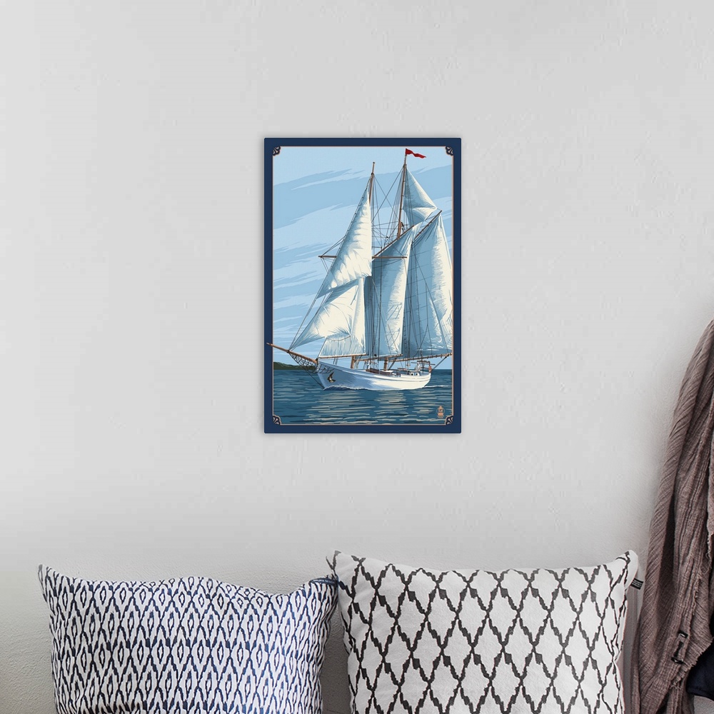 A bohemian room featuring Sailboat Scene: Retro Poster Art