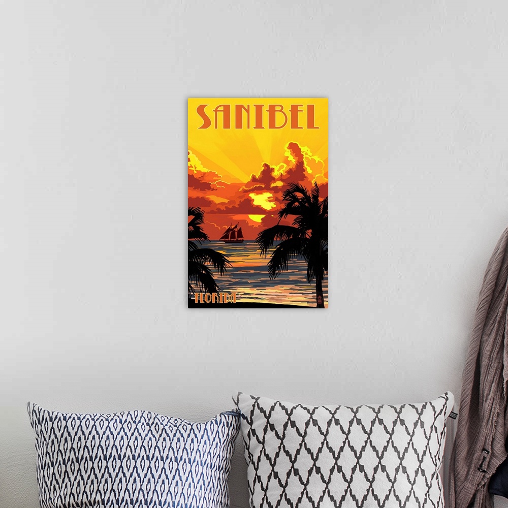 A bohemian room featuring Sanibel, Florida - Sunset and Ship: Retro Travel Poster