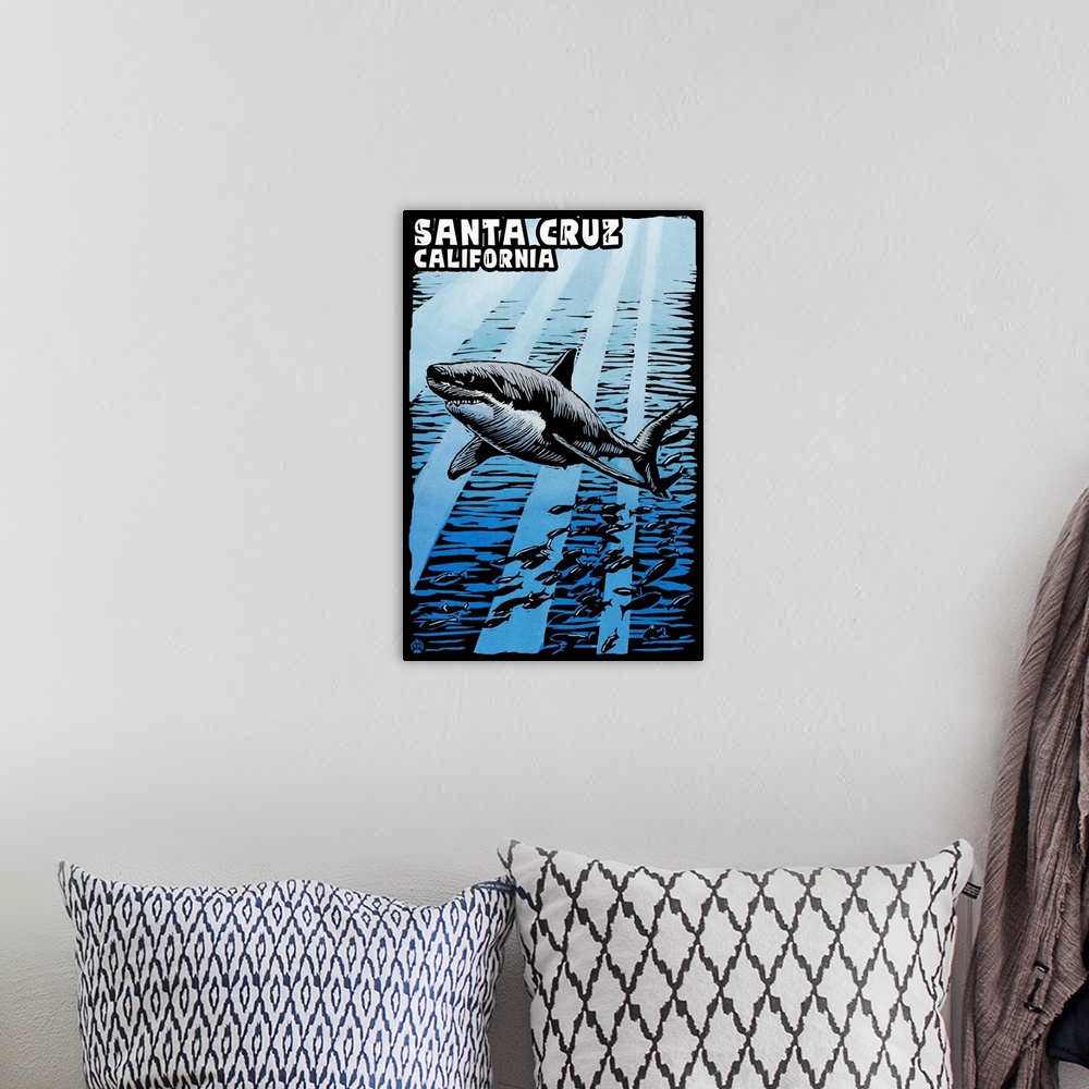 A bohemian room featuring Santa Cruz, California, Great White Shark, Scratchboard
