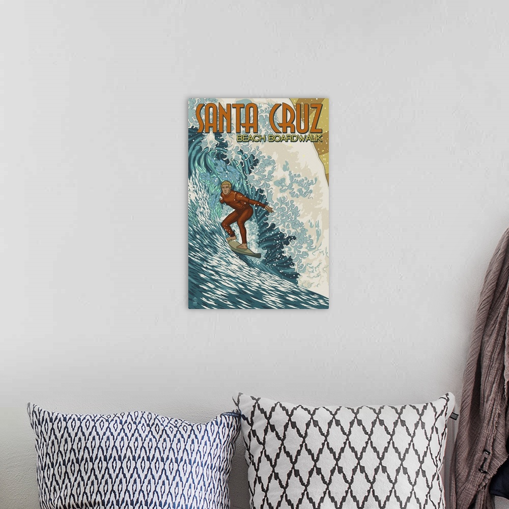 A bohemian room featuring Santa Cruz, California - Stylized Surfer: Retro Travel Poster