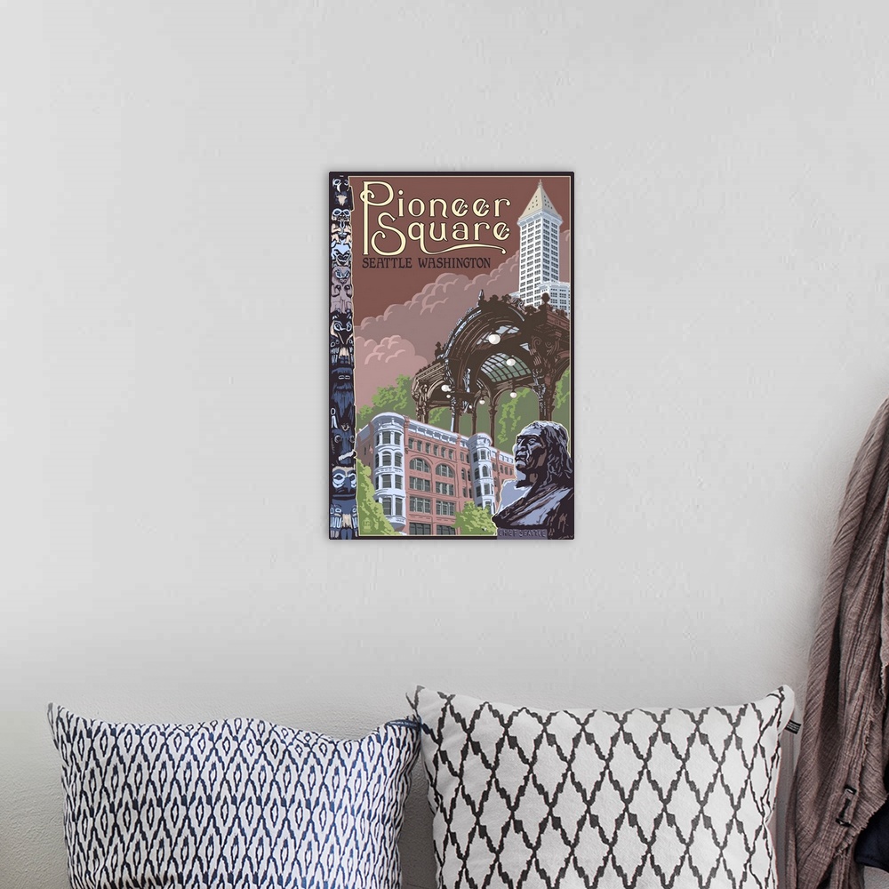 A bohemian room featuring Seattle, WA - Pioneer Square Montage: Retro Travel Poster