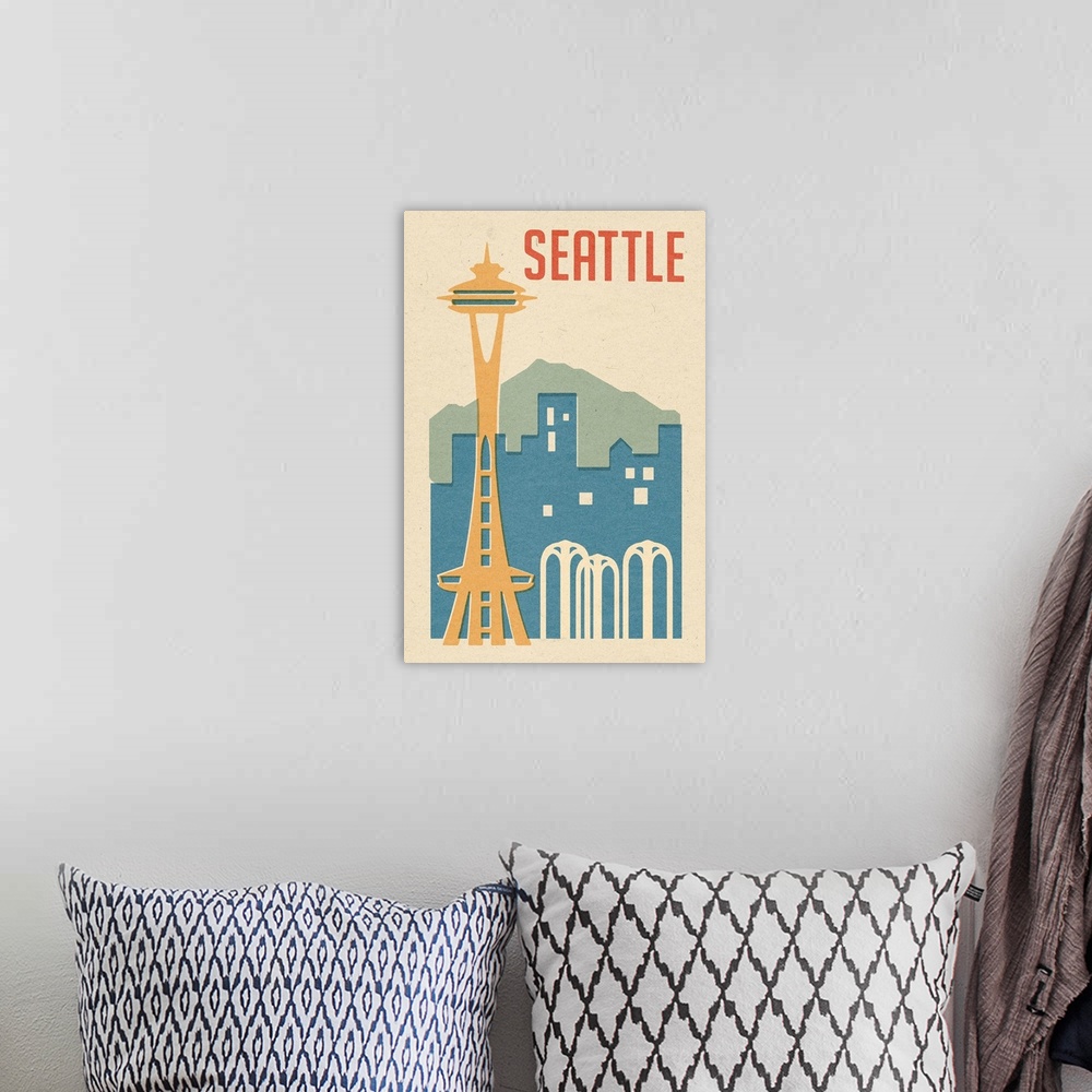 A bohemian room featuring Seattle, Washington -  Woodblock: Retro Travel Poster
