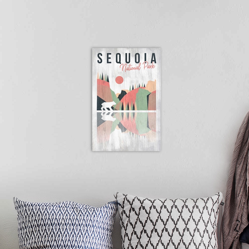 A bohemian room featuring Sequoia National Park, Bear And Landscape: Graphic Travel Poster