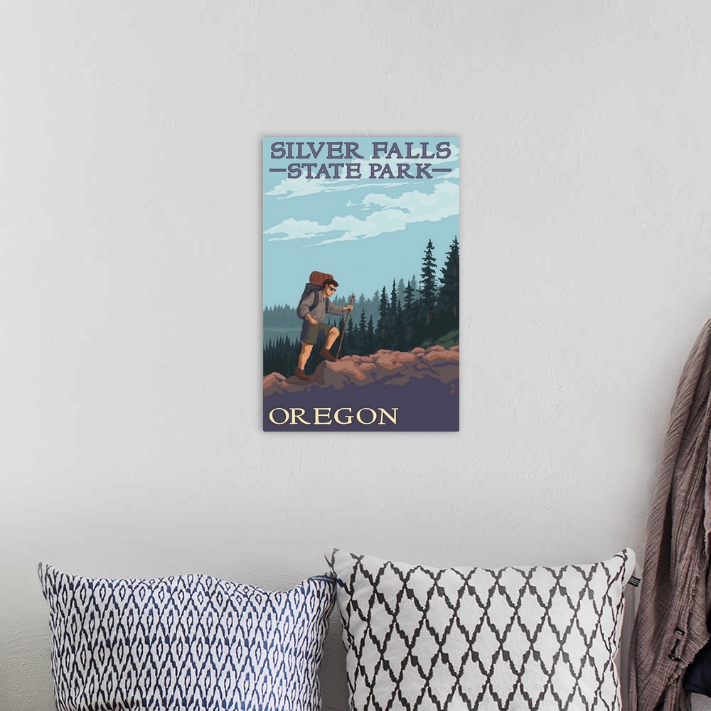 A bohemian room featuring Silver Falls State Park, Oregon - Hiking Scene: Retro Travel Poster