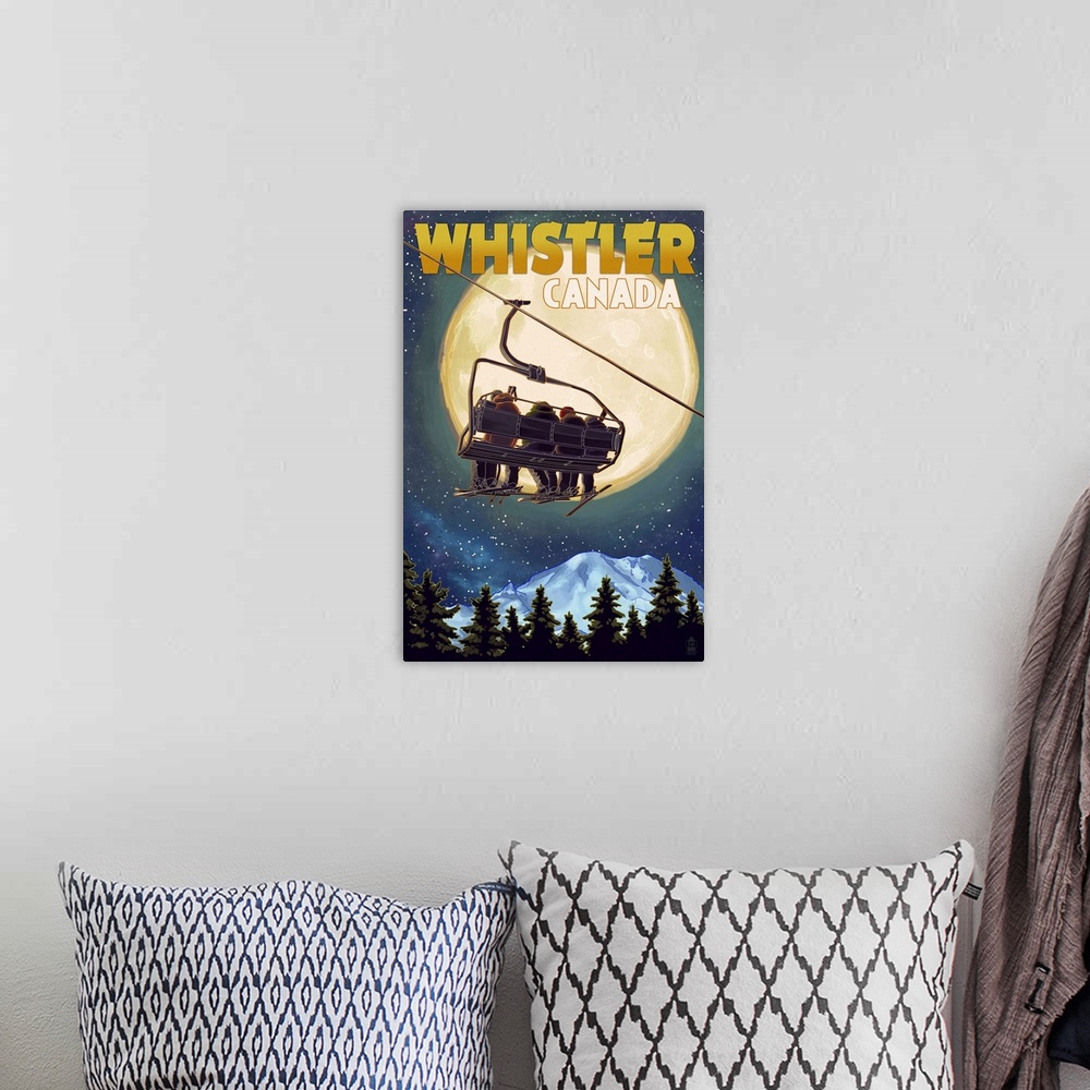 A bohemian room featuring Ski Lift and Full Moon - Whistler, Canada: Retro Travel Poster