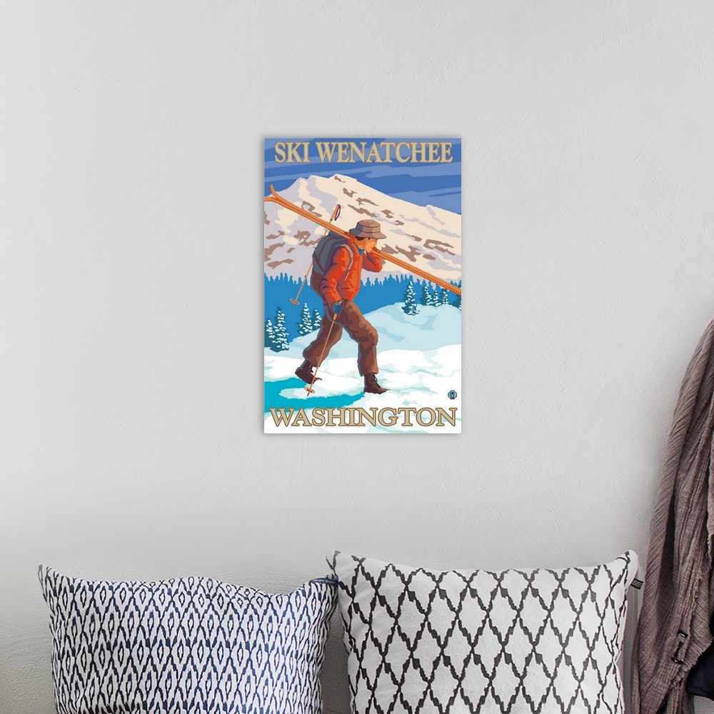 A bohemian room featuring Skier Carrying - Wenatchee, WA: Retro Travel Poster
