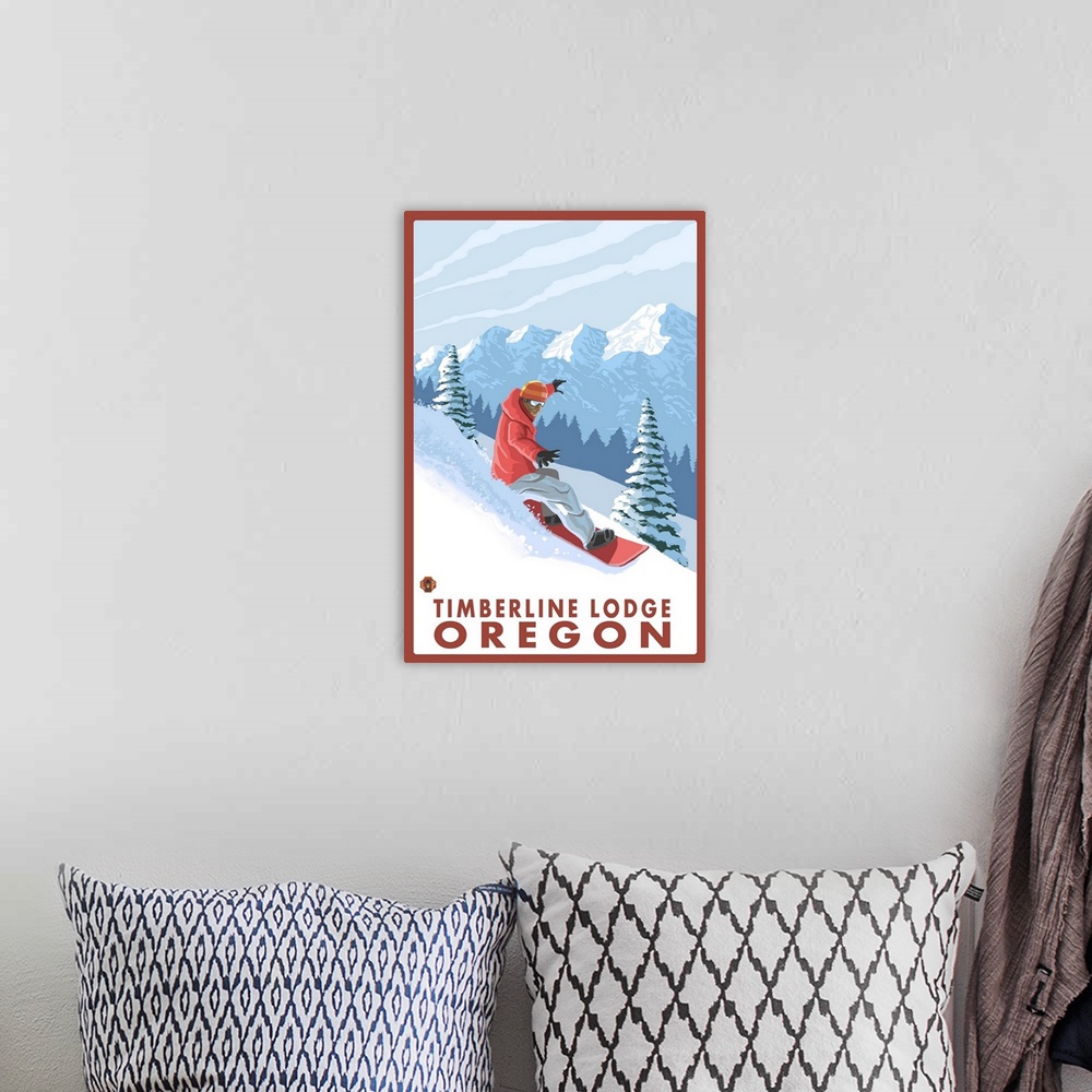 A bohemian room featuring Snowboarder Scene - Timberline Lodge, Oregon: Retro Travel Poster