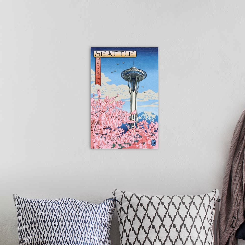 A bohemian room featuring Space Needle, Cherry Blossoms Woodblock, Seattle, Washington