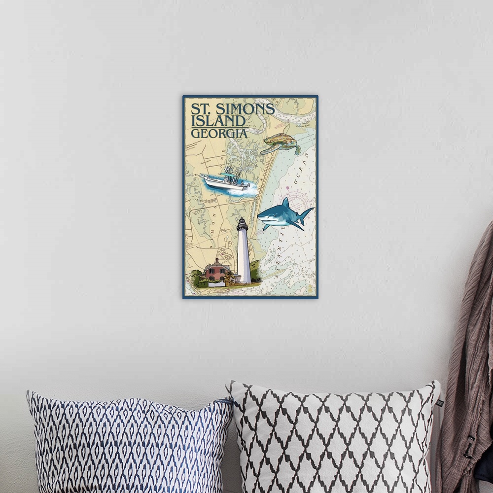 A bohemian room featuring St. Simons Island, Georgia - Nautical Chart: Retro Travel Poster