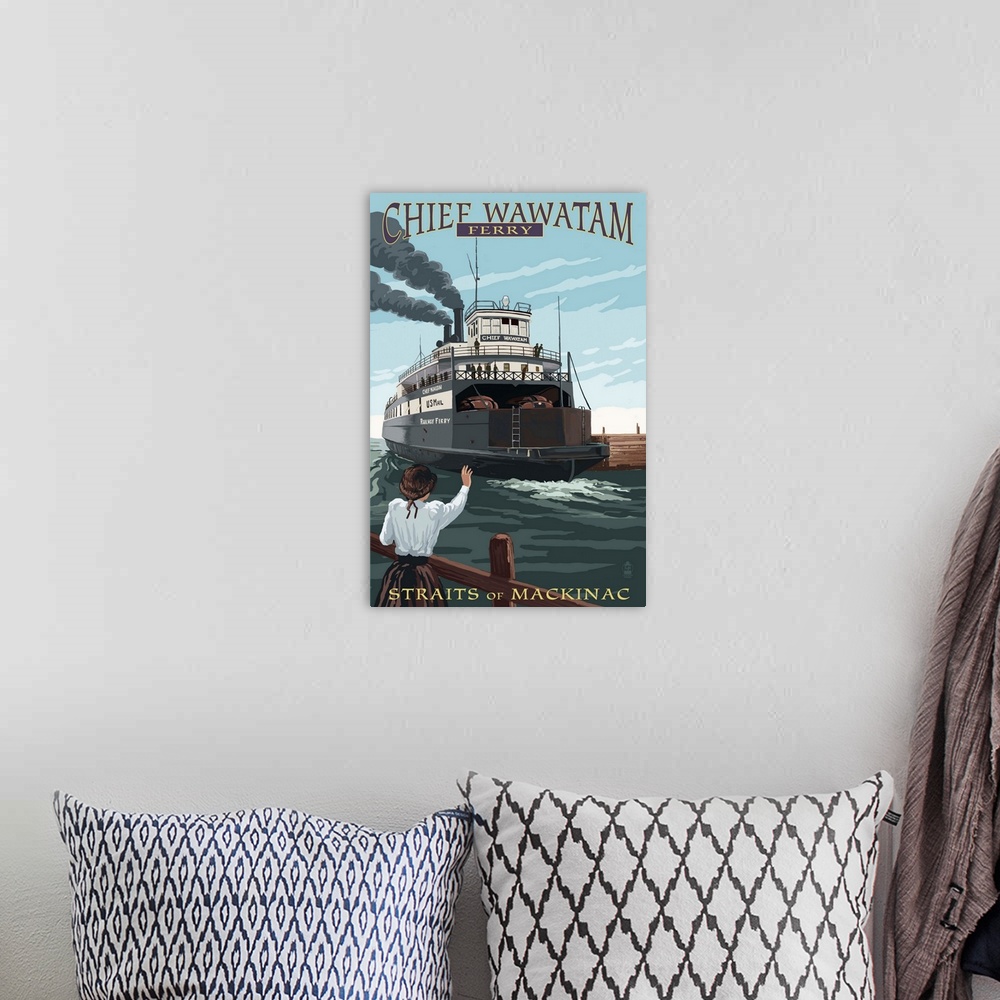A bohemian room featuring Straits of Mackinac, Michigan - Chief Wawatam Ferry: Retro Travel Poster