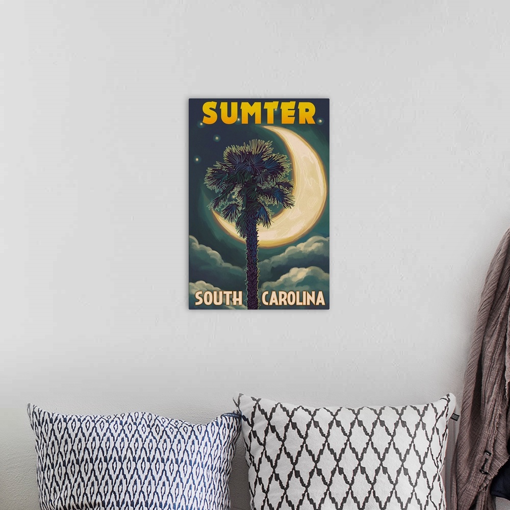 A bohemian room featuring Sumter, South Carolina - Palmetto Moon and Palm: Retro Travel Poster