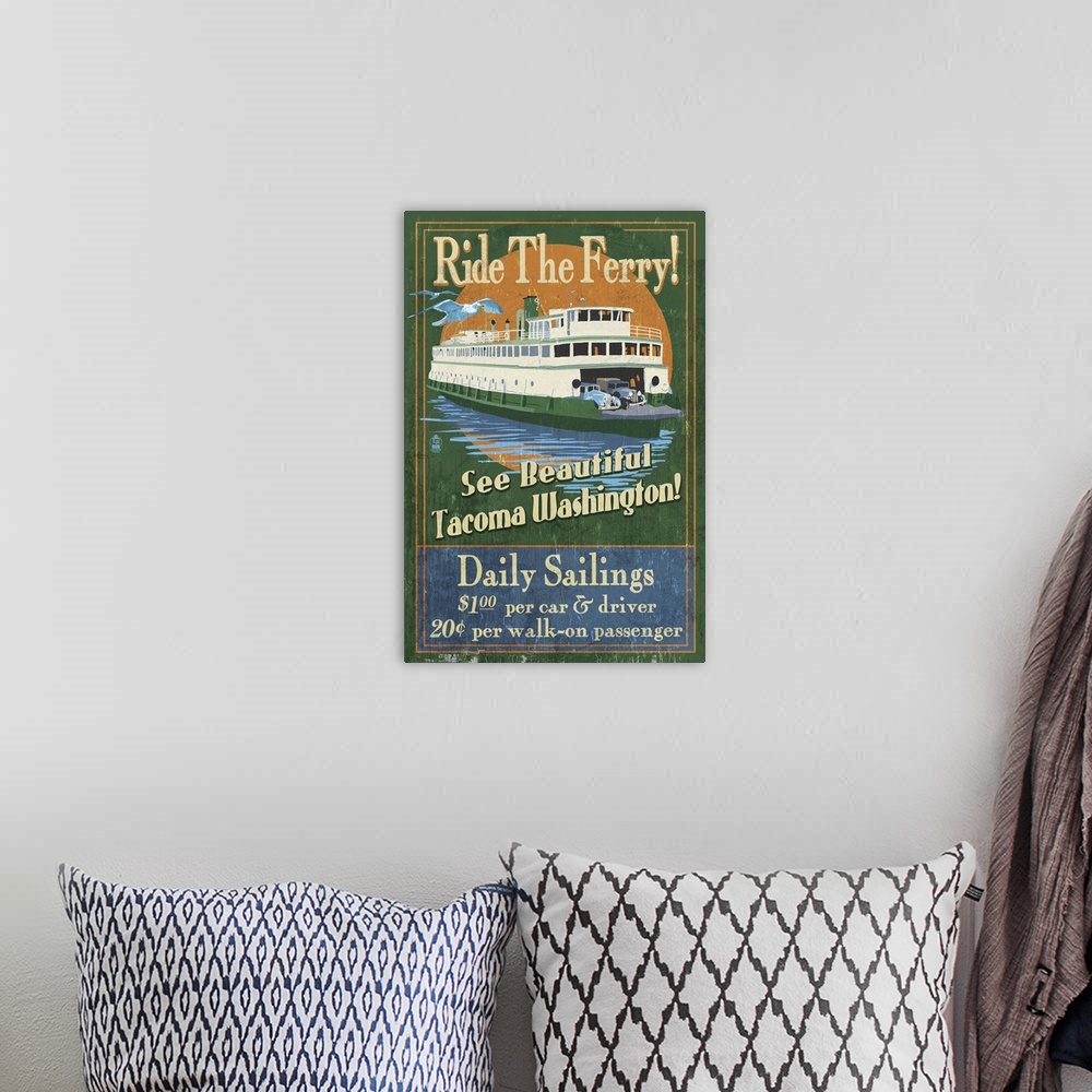 A bohemian room featuring Tacoma, Washington - Ferry Ride Vintage Sign: Retro Travel Poster