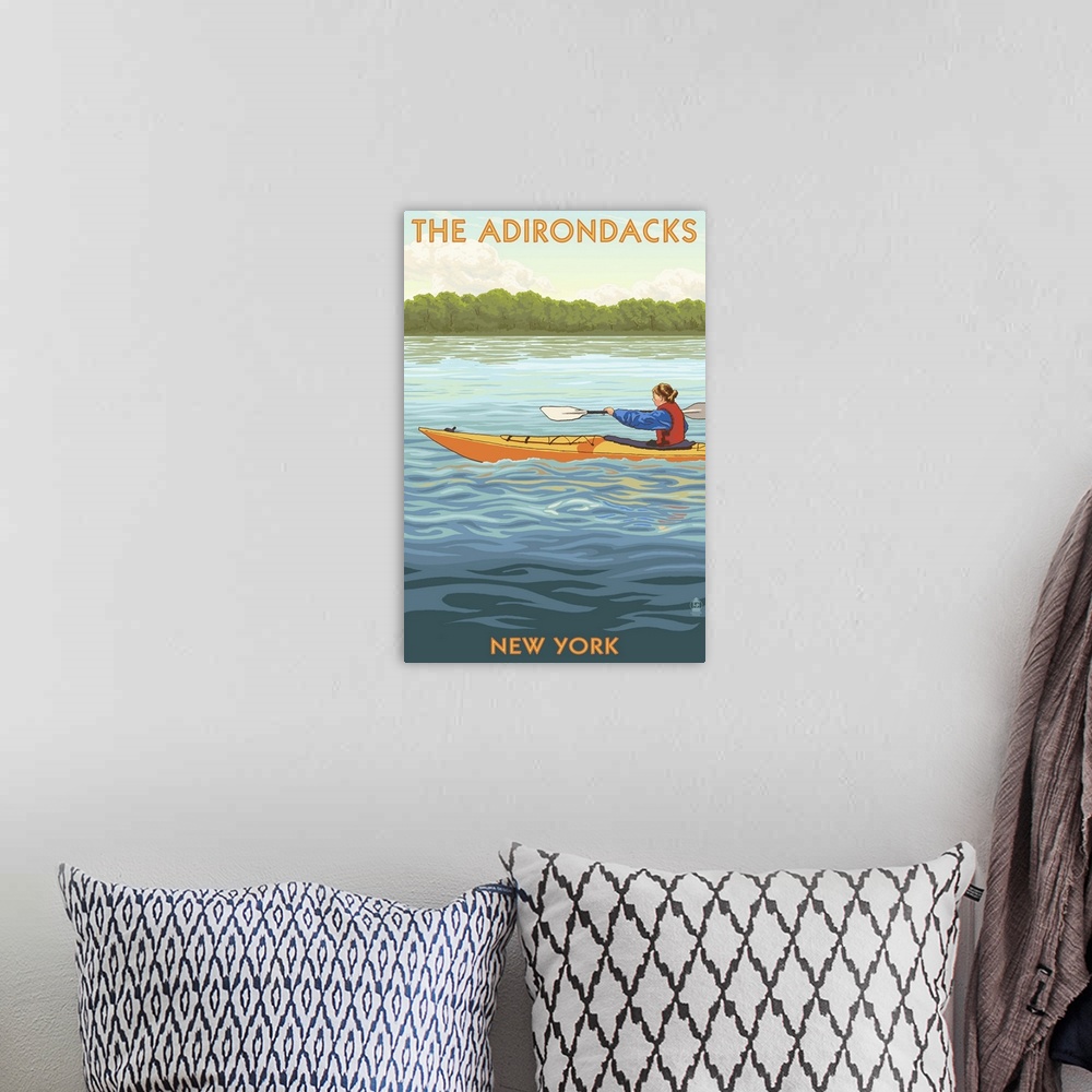 A bohemian room featuring The Adirondacks, New York State - Kayak Scene: Retro Travel Poster