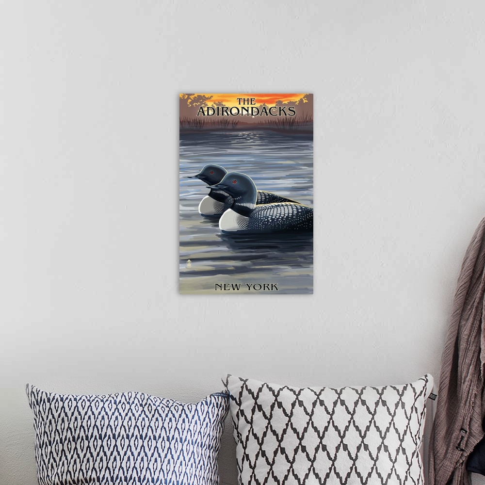 A bohemian room featuring The Adirondacks, New York State - Loons at Sunset: Retro Travel Poster