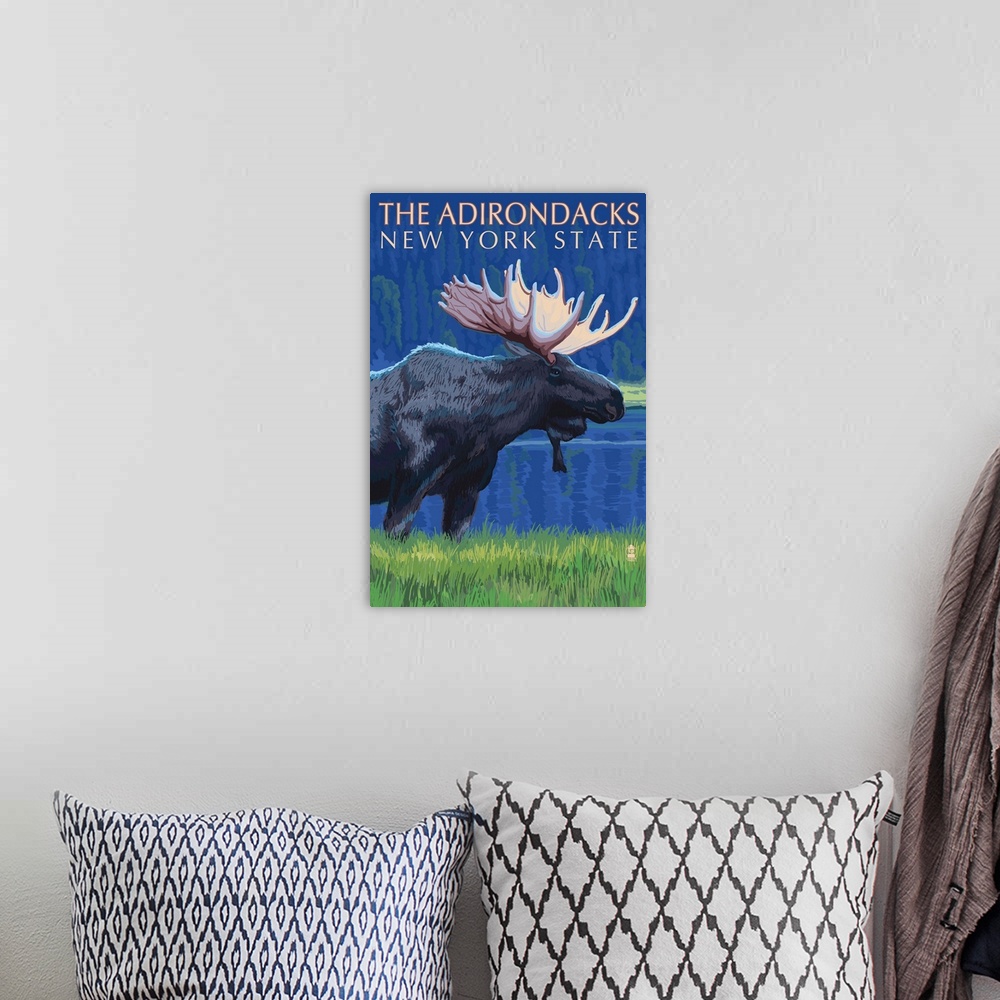 A bohemian room featuring The Adirondacks, New York State - Moose at Night: Retro Travel Poster