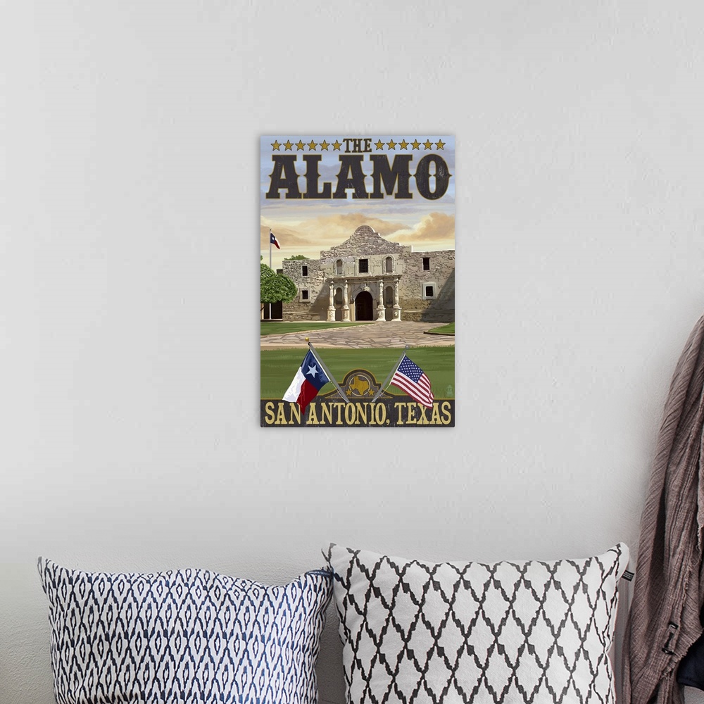 A bohemian room featuring The Alamo Morning Scene - San Antonio, Texas: Retro Travel Poster