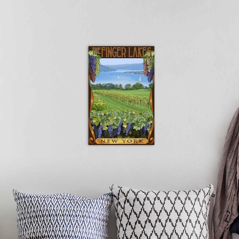 A bohemian room featuring Retro stylized art poster of a lush vineyard, with purple grapes.