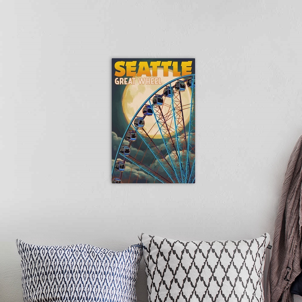 A bohemian room featuring The Great Wheel and Full Moon - Seattle, Washington: Retro Travel Poster